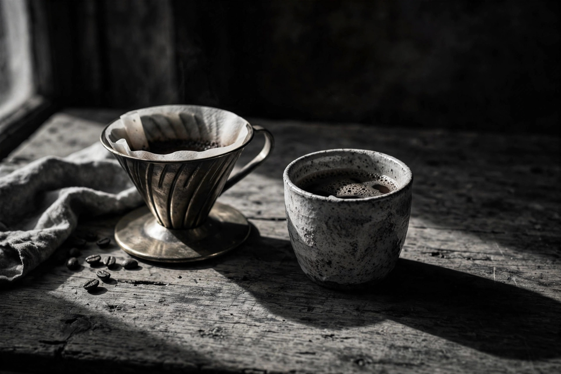 手冲咖啡黑白静物:滤杯与陶杯