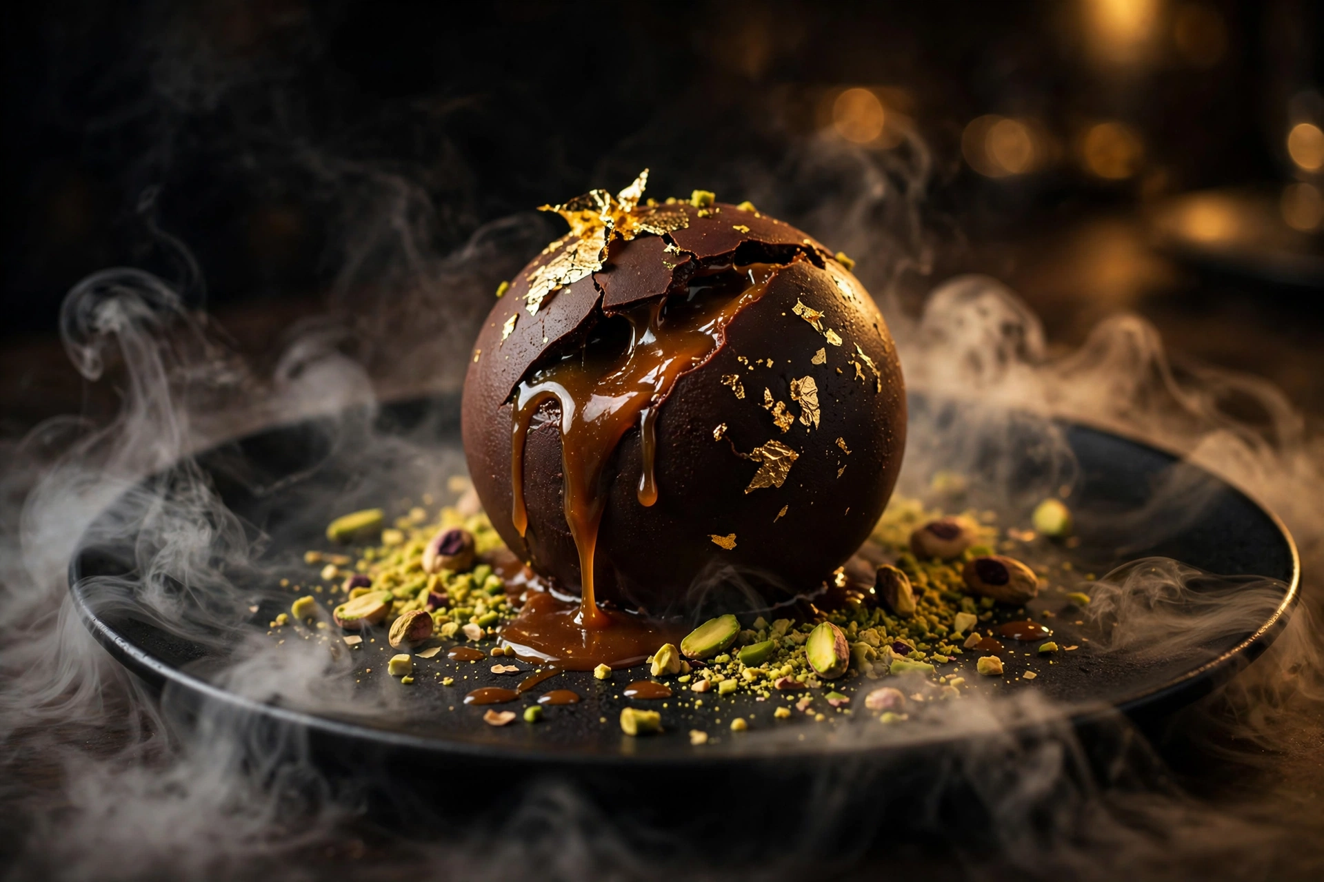 Dark chocolate sphere with gold leaf