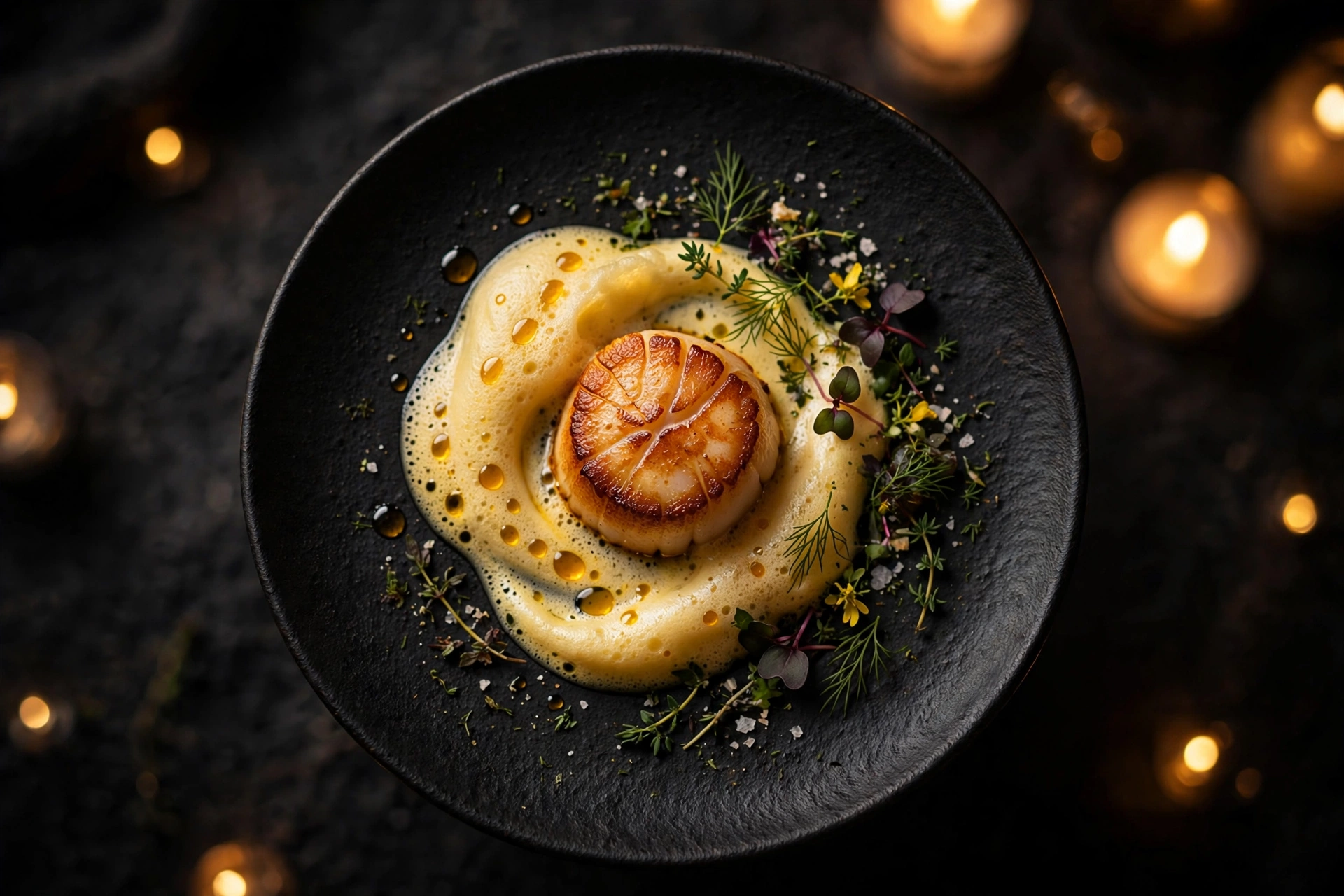 Seared scallop with saffron foam on a black plate